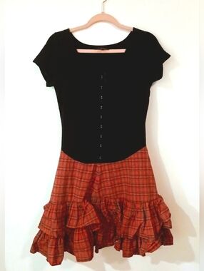 Vintage Betsey Johnson Dress M Black Top Red Plaid Ruffle Skirt 90s Grunge Punk